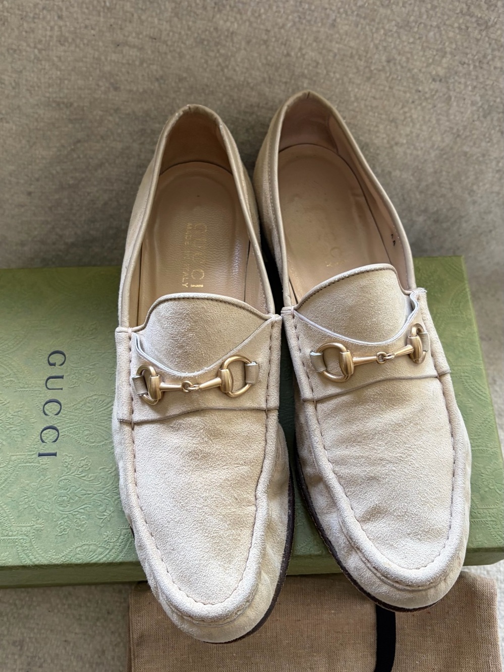 Gucci Beige Suede Horsebit Loafers